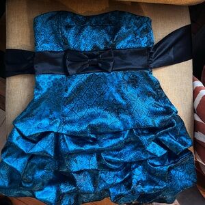 Blue and black paisley strapless mini dress with tiered bubble skirt - size 9